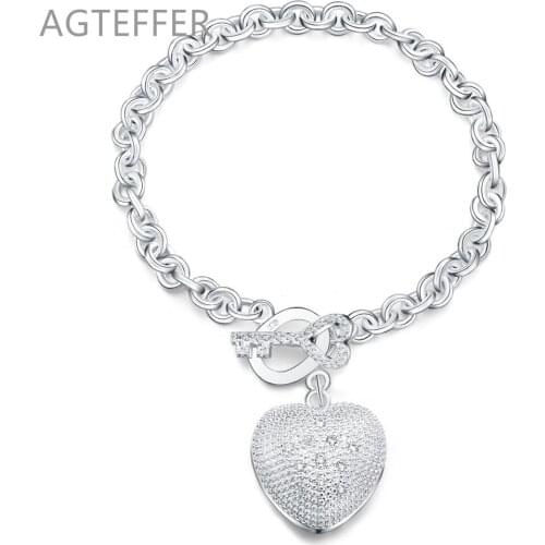 AGTEFFER 925 Sterling Silver Zircon Heart Key Bracelet For Women Wedding Engagement Party Jewelry