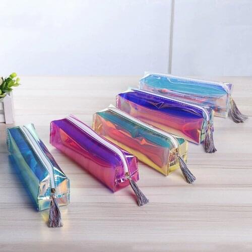 Iridescent Laser Pencil Case Shiny PU Bts Stationery Gift Magic Cool Pen Bag For School Cute Pencil Box Office School Supplies