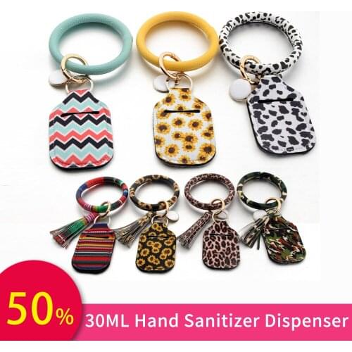 Rainbow Leopard Flower Print Hand Sanitizer Bottle Key Ring Bracelet Wristlet Leather + Neoprene Hand Sanitizer Keychain Holder
