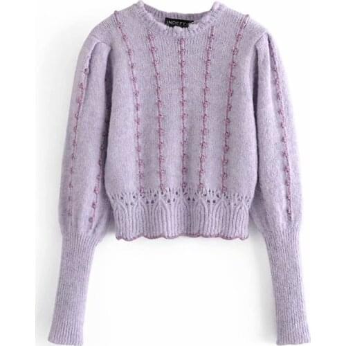 Elegant Women Striped Sweater 2020 Fashion Ladies O-neck Purple Knitted Tops Sweet Female Chic Hollow Out Pullover