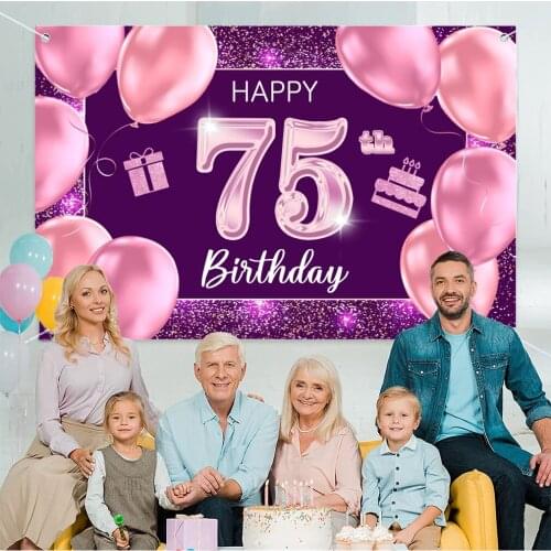 Happy 75th Birthday Backdrop for Women Happy 75 Years Old Birthday Party Background Shining Glitter Purple Party Banner Photo