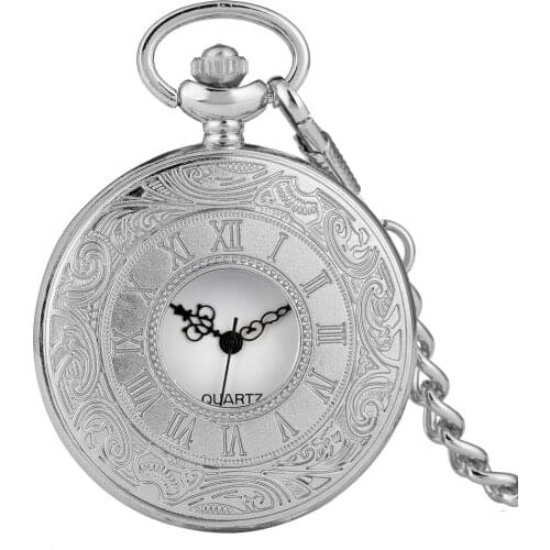 Silver Color Cover Pocket Watch Classic Half-hollow with Roman Numerals Case Pocket Watches Alloy Slim Chain Pendant Watch