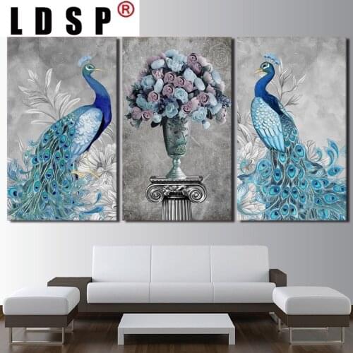 LDSP 3 Panels Elegant Peacock Blue Rose Flower Modern Canvas Painting Printed Wall Art Animal Picture Poster Room Home Decor