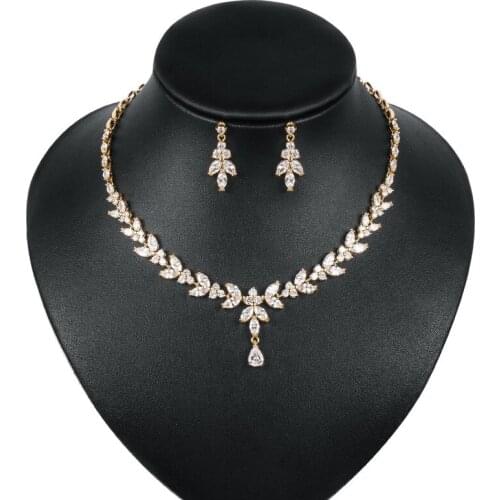 MIQIAO Gold Plated Leaf Luxury Zircon Crystal Vintage Boho Piercing Earring Collar Chain Necklace Jewelry Sets for Women Wedding