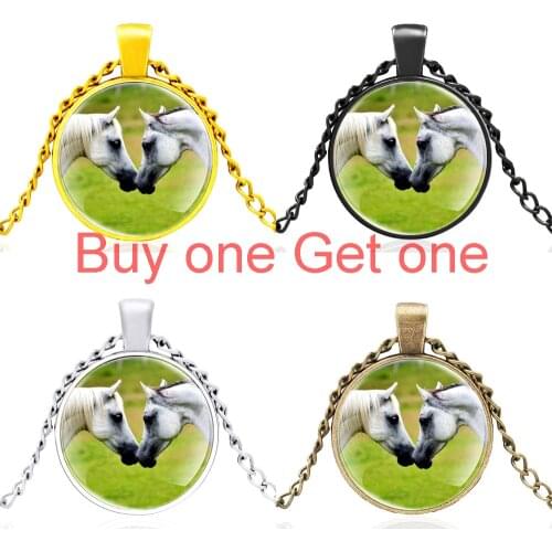 Couple Horse Design Glass Dome Fashio Pendant Necklace Men Women Long Necklace Jewelry Accessories Gifts