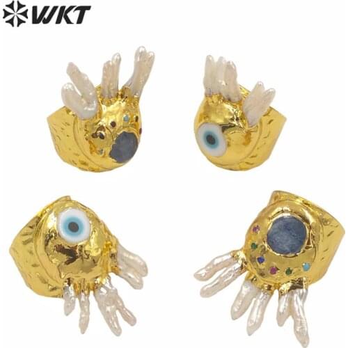 MPR009 Big Size Cocktail Ring Exclusive Gold Plated Women Jewelry Ring Evil Eye Charm Pearl Crown Lady Ring For Gift