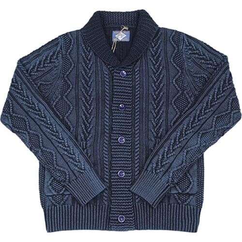 BOB DONG Shawl Collar Indigo Cotton Cardigan Jacquard Pattern Sweater For Men