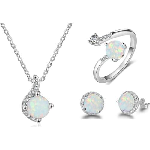 Bridal Jewelry Sets Round White Opal Stone 925 Sterling Silver Rings Stud Earrings Women Necklaces Jewelry Wedding Party Gifts