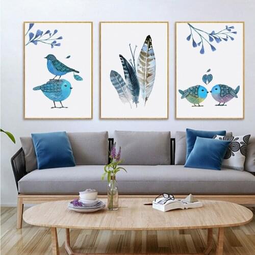 Valentines Day Nordic Small Fresh Simple Love Bird Canvas Painting Bird Feather Wall Art Pictures Living Room Decor Posters