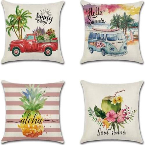 Cotton Linen Cushion Cover Pineapple Coconut Truck Print Summer Theme Pillowcase Home Chair New Year Decoration Pillowcase cojin
