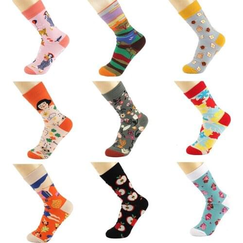 9 Pair Novelty Fashion Mens and Women Cotton Socks Cartoon Animal Fruit Food Stripe Art Van Gogh Happy Casual Funny Long Socks