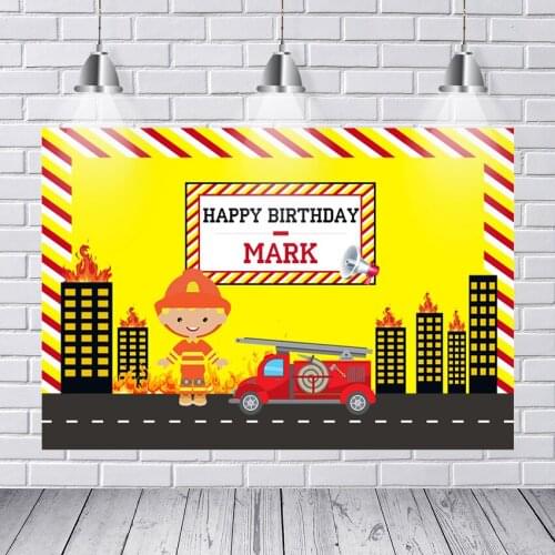 Building on Fire Truck Firemen Theme Backdrop Yellow Black Boys Birthday Party Photography Backgrounds for Photo Studio
