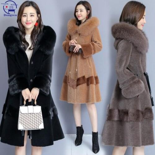 Cashmere coat womens winter fox fur hooded mink fur coat fashion temperament waist middle length winter coats and jackets