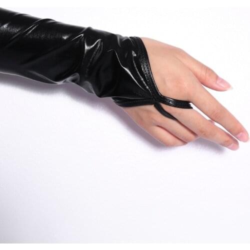 2020 Lady Women Wet Look Sexy Black Fingerless Arm Length Gloves Elastic Shiny Mid-Upper New Solid Fashion