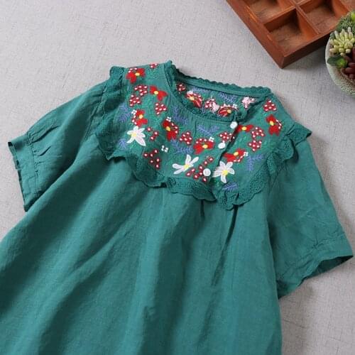 Lamtrip Romantic Flowers Embroidery Short Sleeve Linen Retro Shirt Blouse Mori Girl 2021 Summer