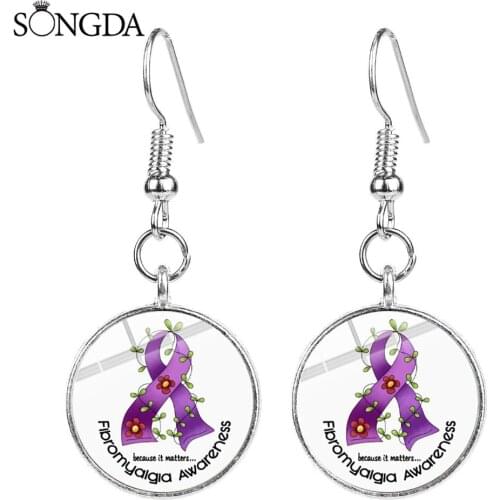 SONGDA Fbromyalgia Awareness Angle Butterfly Hook Earrings For Women Men Bronze Silver Color Art Glass Dome Earrings Jewelry