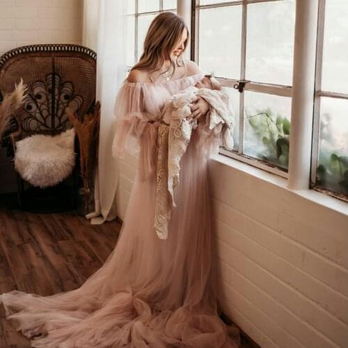 Light Pink Maternity Dresses A Line Off Shoulder Long Sleeve Maternity Gown for Photoshoot Boudoir Lingerie Bathrobe Nightwear