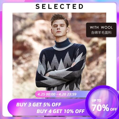 SELECTED Mens Geometrical Stitching Woolen Knit Wool Sweater S|419424528