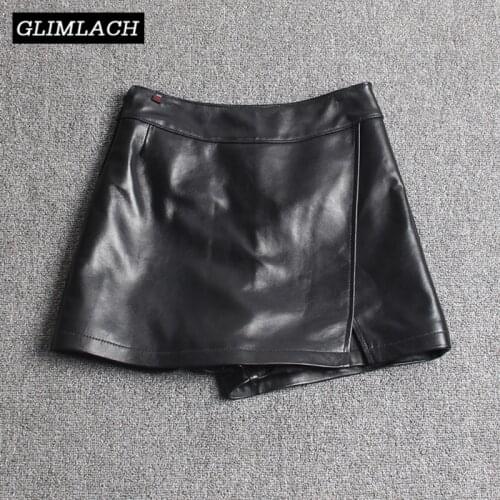 2020 Fashion Women Asymmetric Shorts Skirts 100% Sheepskin Real Leather Shorts Casual Streetwear Ladies Slim Fit Shorts Skirts