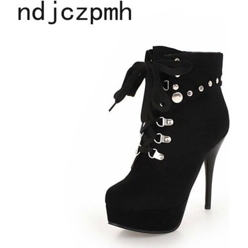 Womens Boots New Winter Fashion Round Head Lace-up High Heel Short Tube Martin Women Shoes Plus Size 32-48 Heel Height 11.5cm