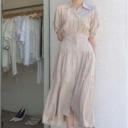 Stylish Dress 2021 New Women Summer Shirt Dresses High Waist Vintage Puff Sleeve Single Breasted Elegant Draped Long Dress Midi