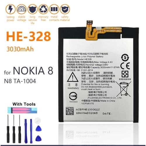 100% Genuine HE328 Mobile Phone Battery For Nokia 8 Nokia8 TA-1004 N8 3030mA New In Stock Batteria Batteries With Gifts Tools