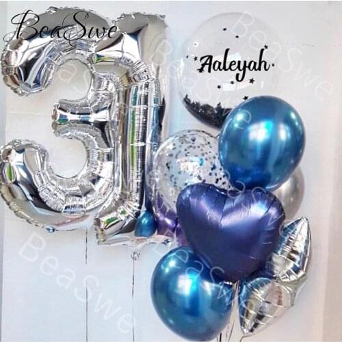 12pcs DIY name balloon sticker helium 18inch bubble with 32" silver number 31 18 25 balloons Metallic happy birthday party decor