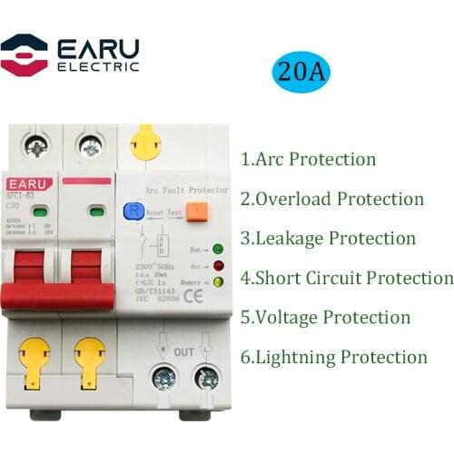 20A 2P AFDD AFCI Arc Fault Protector Dector Circuit Breaker Interrupte Overload Earth Leakage Short Circuit Voltage Protection