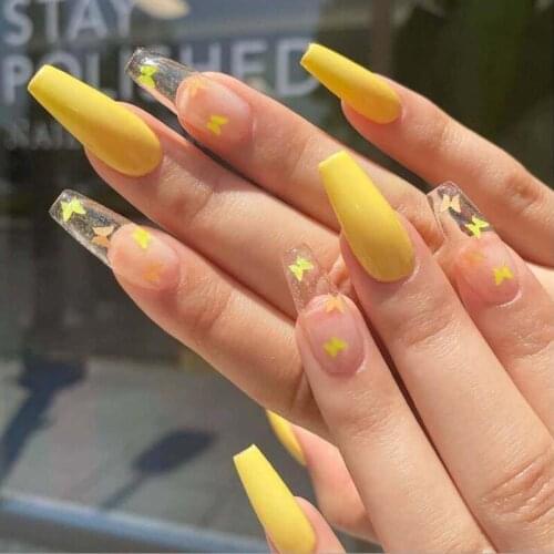 24pcs/set Long Ballerina Fake Nails Coffin Shaped Yellow Butterfly Decals Ballet Full Nail Art Tips Manicure Salon Decorations