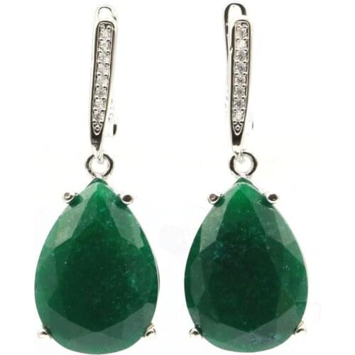 Hot Sell Big Drop Shape Gemstone Real Green Emerald White CZ Gift For Girls 925 Silver Earrings 35x13mm