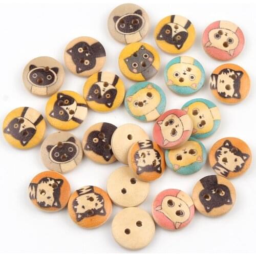 50pcs 2 Hole Round Wooden Button Cartoon Cat Pattern Natural Wood Buttons For Clothing Decoration Diy Sewing Accessories 15mm