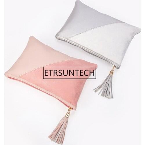 50pcs PU Leather Pink Grey Travel Toiletry Bag Waterproof Travel Tassels Color Blocking Makeup Cosmetic Bag