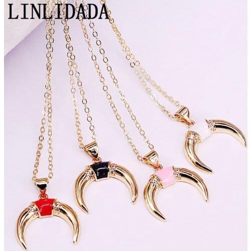 8Pcs Gold Color Statement Necklace Enamel with cz Crescent Moon / Double Horn Charms Pendant Necklace