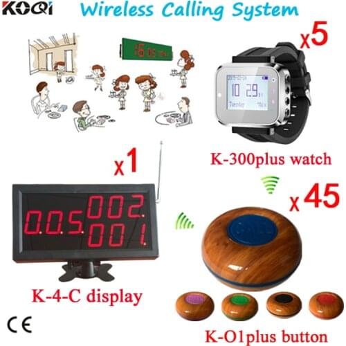 Wireless Calling Pager System for Restaurant Push Button ( 1pcs Panel Display With 5pcs Wrist Watch and 45pcs Bell Buzzer)