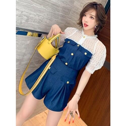 Top Quality Denim top with mesh pan pattern+High waist tuck A-Line Shorts suit for women