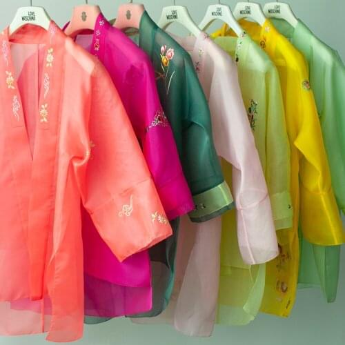 Customized Clothing Chinese Traditional Hanfu Jacket and Coat Transparent Korean Embroidery Silk Organza Fabric Hand-made