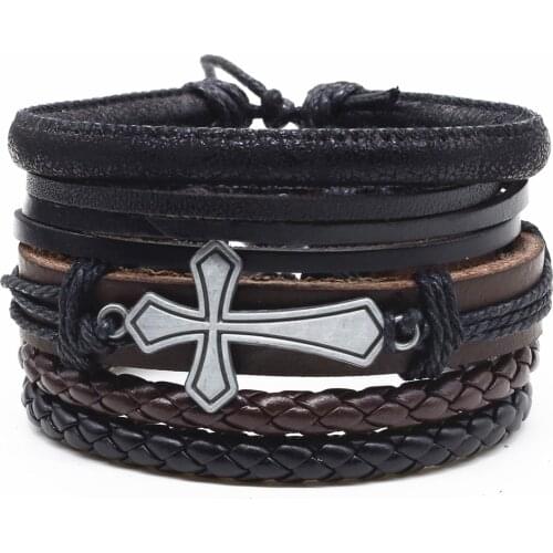 Cross Punk Brown Black Beads Women Round Rudder Charm Weave Wrap Chain Leather Love Men Bracelets Homme Female Jewelry 4 Pcs/set