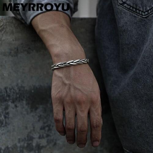 MEYRROYU 925 Silver Bangle Twisted Weave Open Bracelet Neutral Retro Fashion Creative Trendy Thai Silver Jewelry Gift Wholesale