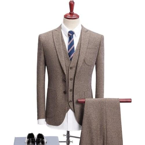 Free Shipping High Quality Vintage Grey Woolen Tweed Suit Mens S-4XL Fashion Slim Fit Business Dress Suits Male Wedding Suit Set