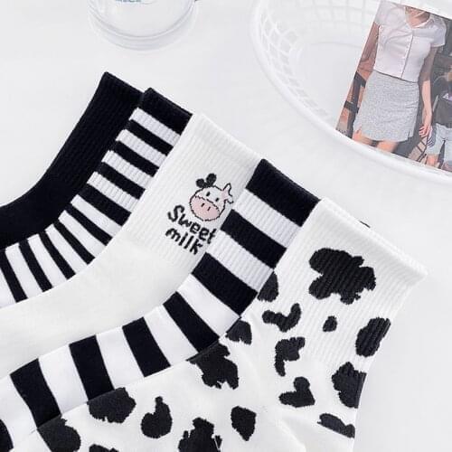 Striped socks funny cow print white cartoon calcetines cozy harajuku skarpetki damskie cute animal chaussettes kawaii happy sock