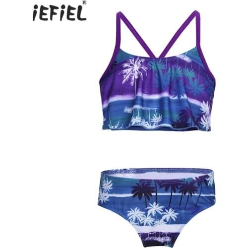 2PCS New Kids Girls Tankini Stylish Swimwear Tropical Palm Printed Flounce Swimsuit Swimwear Bathing Suit Set Tops with Bottoms
