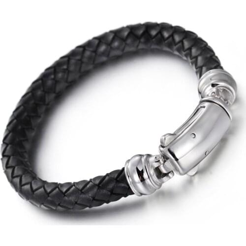 New Design Bracelet Stainless Steel Jewelry Vintage Genuine Leather Bangle High Quality Cool Button Woven Mens Jewelry