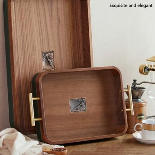 Walnut Wooden Storage Tray Exquisite Brass Handle Rectangular Home Food Breakfast Dessert Cake Plate Coffee Cup Tray Table Decor