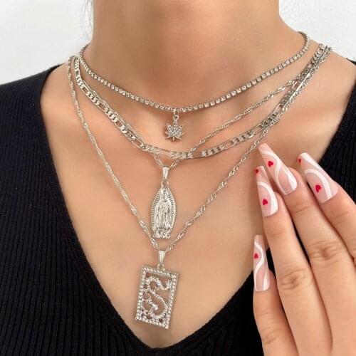 Punk Silver Color Multilayer Metal Chain Necklace Crystal Dragon Portrait Virgin Mary Maple Leaf Tennis Choker Religious Jewelry