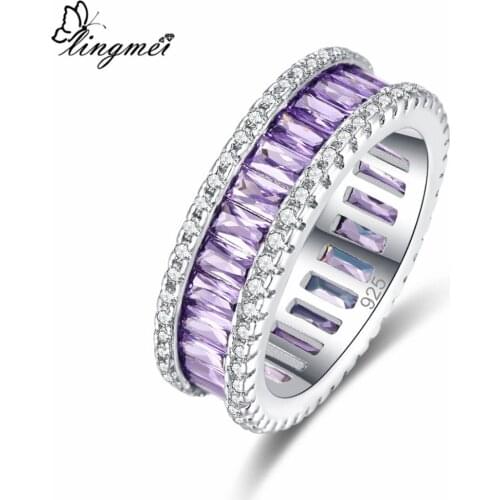 Lingmei Circle Couple Rings Wedding Band Purple & White Zircon Silver Color Jewelry Engagement Ring Size 6-9 Vintage New s