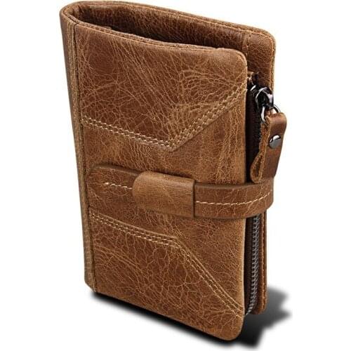 Popular Mens Wallet Removable Purse Anti-RFID Genuine Leather Wallet Crazy Horse Skin Retro Three Layers Strap Buckle Wallet