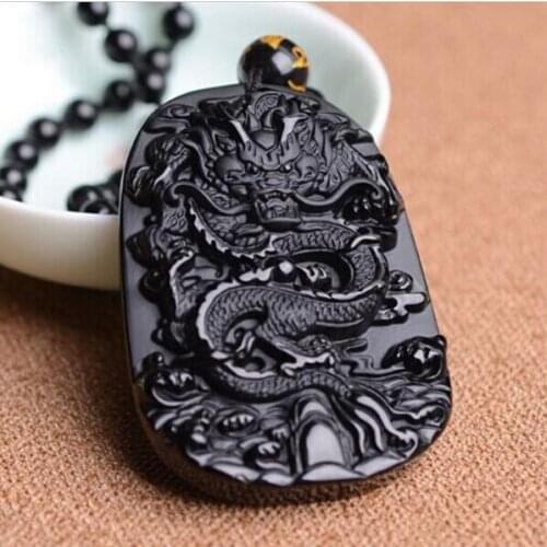 Drop Shipping Unique Natural Black Obsidian Carving Dragon Lucky Amulet Pendant Necklace For Women Men Pendants Jades Jewelry