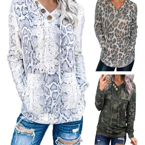 Autumn Women Blouse Long Sleeve Oversize Hoodies Snake Leopard Print Long Shirt Fashion Long Blouse Plus Size Tops With Pocket