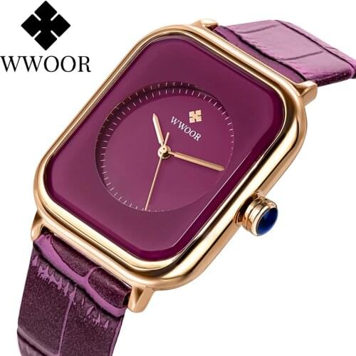 WWOOR Purple Watch Women Simple Style Quartz Rectangle Watch Top Brand Luxury Ladies Dress Wristwatches Leather Casual Big Clock