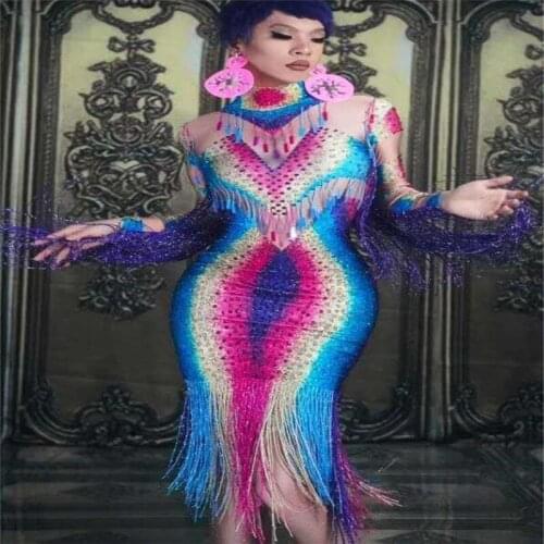 X19 Party singer stage show wears tassel evening dress bar colorful printed skirt Rhinestone ourfits women clothe hip dresses dj